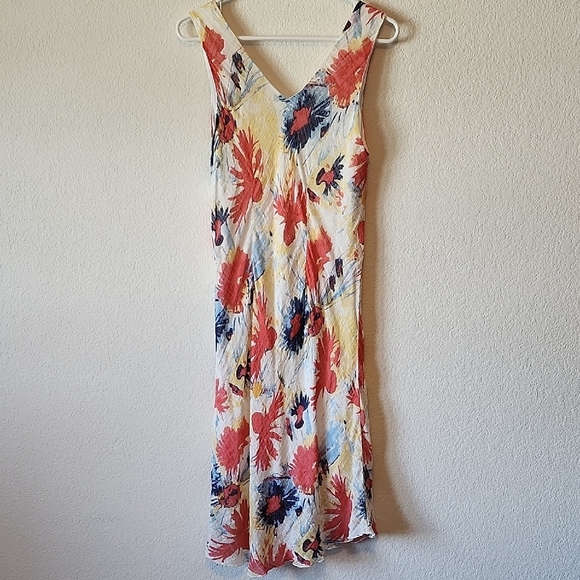 Feminine Sleeveless Gauzy V-Neck Cotton Lined Colorful Floral Dress Size L - Picture 1 of 5